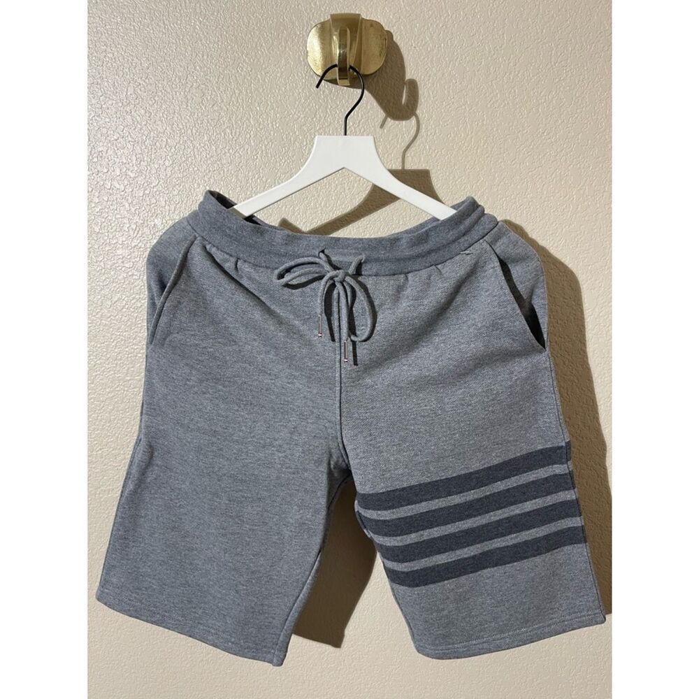 Thom Browne Gray Knit Drawstring Athletic Shorts with Stripe